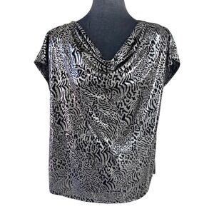 Jeri‎ Marque Vintage Glam Silver Metallic Foil Animal Print Cowl Neck Blouse L